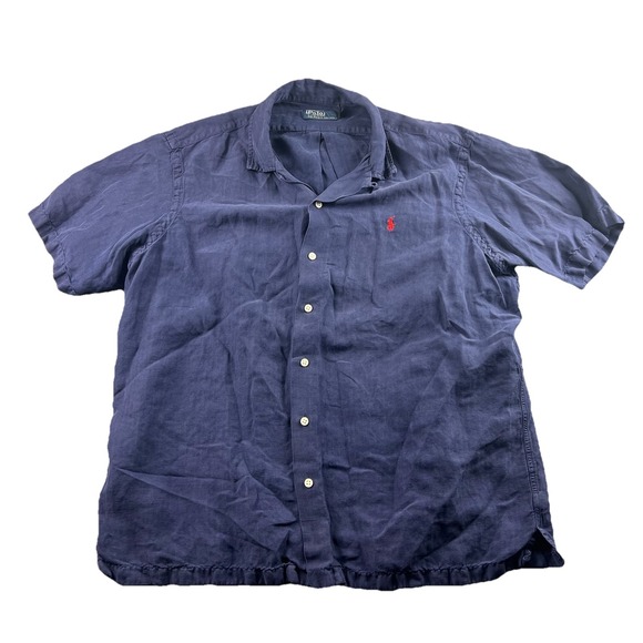 Vtg Polo Ralph Lauren Shirt Mens XL Blue Caldwell Linen‎ Silk Loop Collar Camp - Picture 1 of 10